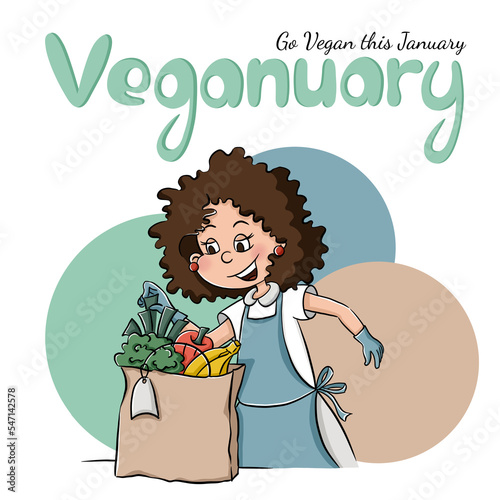 Woman with food in eco package. Veganuary - Vegan plus January concept. Healthy lifestyle and well-being. Fruits and vegetable, plant food, dairy free. Doodle illustration in cartoon style.