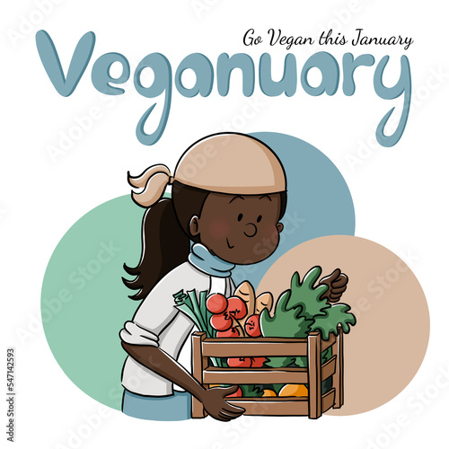 Woman with food box in eco package. Veganuary - Vegan plus January concept. Healthy lifestyle and well-being. Fruits and vegetable, plant food, dairy free. Doodle illustration in cartoon style.