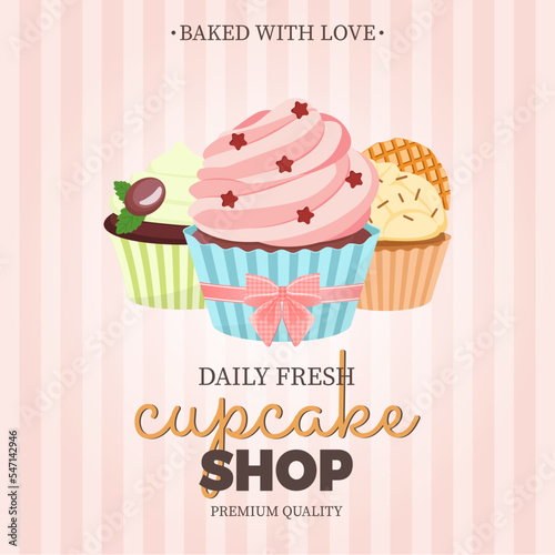 Sweet bakery background with cupcakes. Cute vintage style.