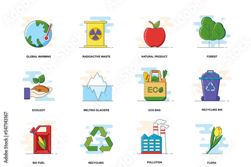 Ecology web concept stroke flat line icons isolated set. Climate, waste recycling bundle. Graphic linear symbols collection for website design. Conceptual pack outline pictograms for mobile app