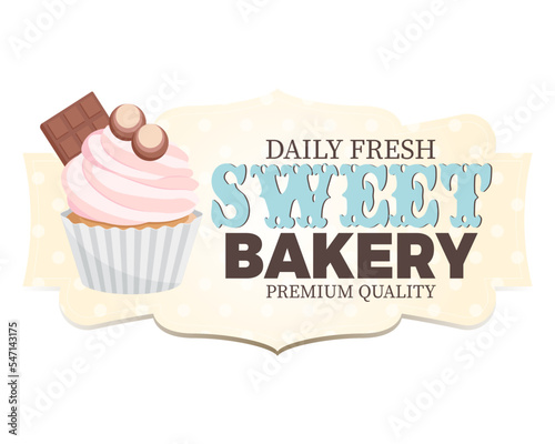 Sweet bakery label with cupcakes. Cute vintage style.