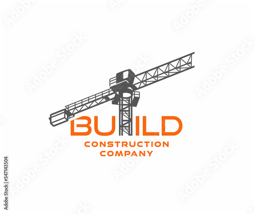 Construction tower crane in construction site logo design. Heavy industrial machinery equipment at building site vector design. City infrastructure development logotype