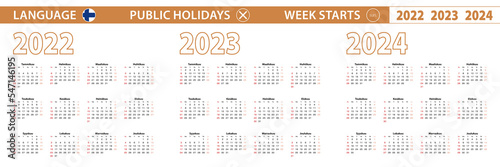 2022, 2023, 2024 year vector calendar in Finnish language, week starts on Sunday.