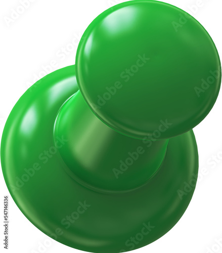 Green pin, push pin isolated on transparent background. 3D rendering