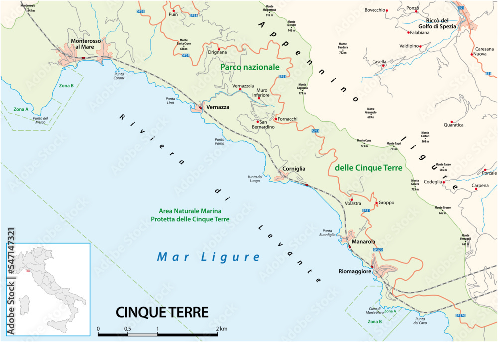 road map italian cultural landscape of the Cinque Terre, Liguria