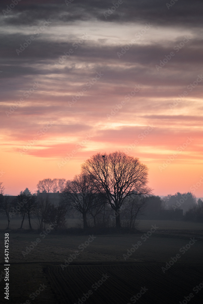 Stunning sunset in the countryside with colorful clouds during a cold winter day