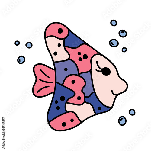 Cute unusial exotic fish isolated. Doodle vector illustration of cartoon outline sea abode for kids. Wild marine life in hand drawn style photo