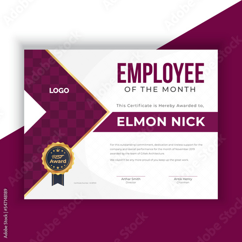 employee of the month - certificate template. Certificate, an employee of the month vector template. Certificate of Appreciation Template with Vintage Ornamental photo