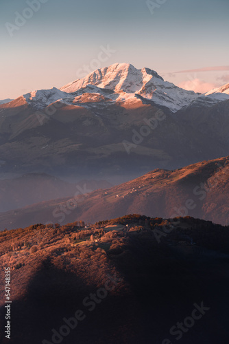 Sunset view from the San Fermo hills, with Pizzo Arera in the background, Northern Italy