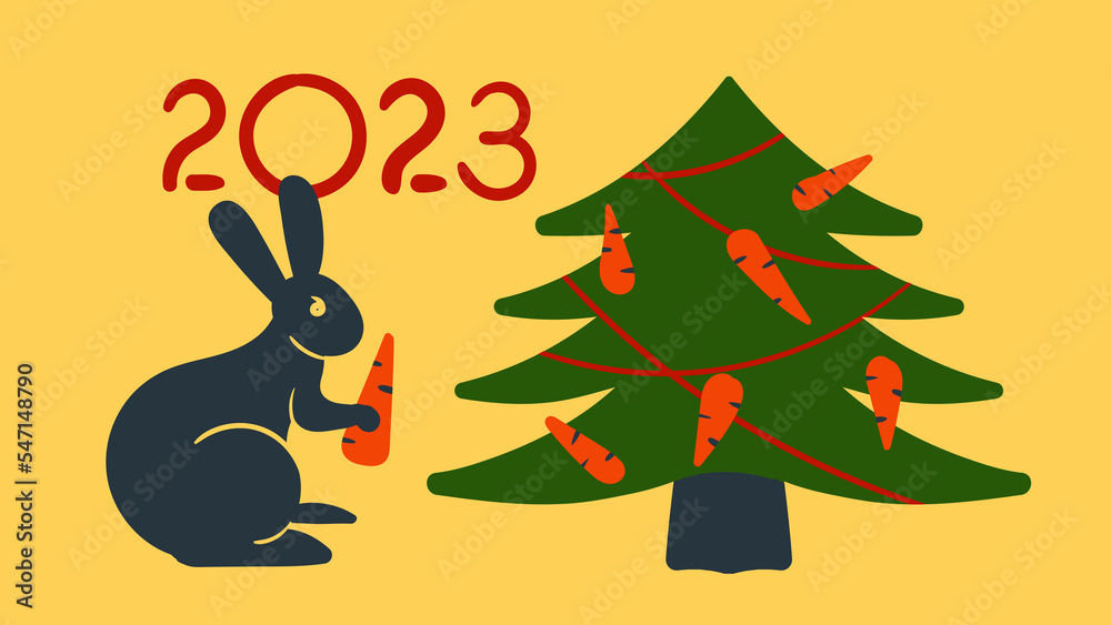 Fototapeta premium Black Rabbit with Carrots, Chinese New Year 2023, Christmas tree postcard, vector UI banner, yellow background