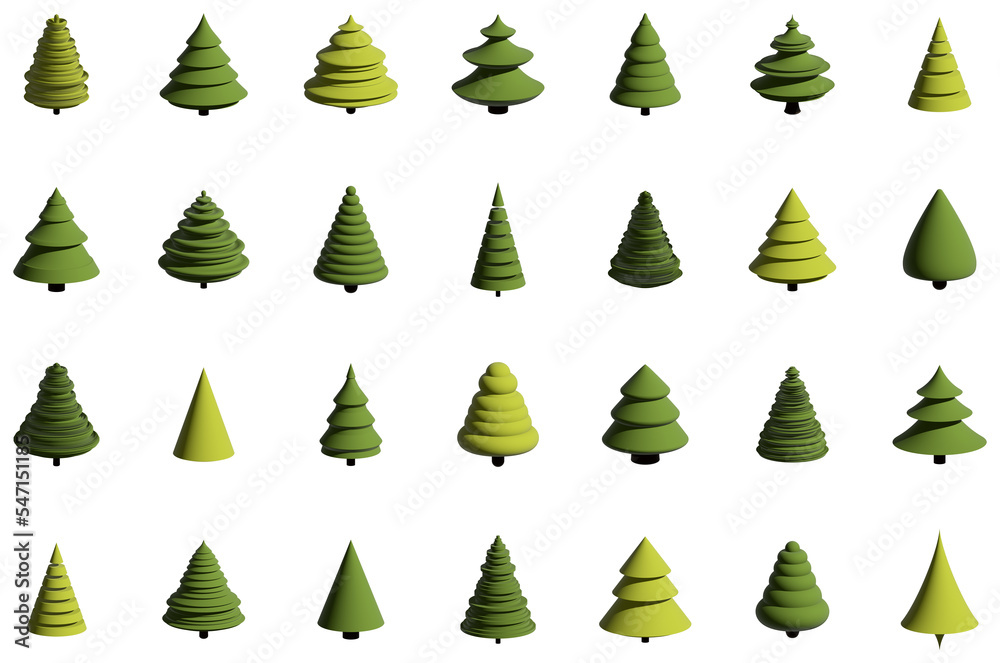 Obraz premium Set Christmas tree holiday decoration. 3D rendering abstract fir for new year celebration.