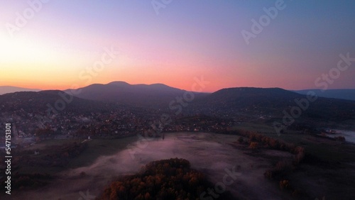 Aerial view of the Pomaz town in Hungary at sunset photo