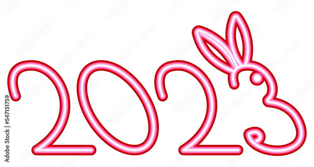 2023 with bunny line art. New years illustration with rabbit. Year of rabbit illustration. PNG with transparent background	