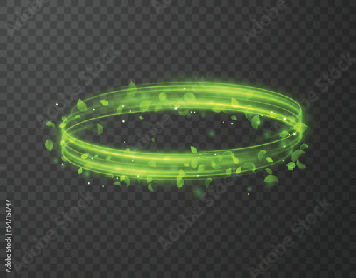 Green spiral spring wind effect with magic dust particles flying around and leaves particles on black background. Vector eps10
