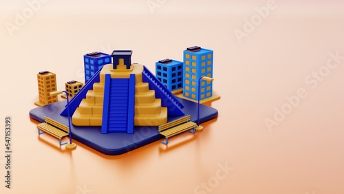 3d illustration Chichen Itza as landmark with green space area and Yucatan city view