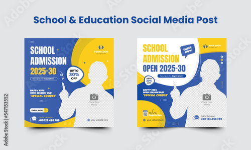 School admission social media post design template or back to school social media blue and yellow color combination set square web banner design 