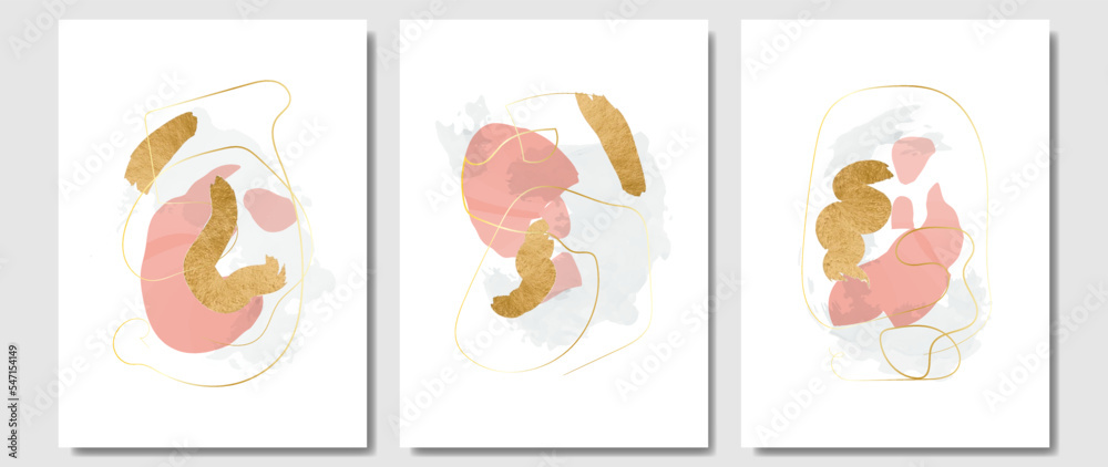 Abstract art vector. Contemporary paintings with golden brush and pink flecks. Minimalist hand painted illustrations with watercolor texture, for home decor, wall art, background.