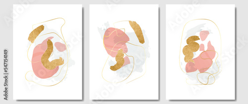 Abstract art vector. Contemporary paintings with golden brush and pink flecks. Minimalist hand painted illustrations with watercolor texture, for home decor, wall art, background.