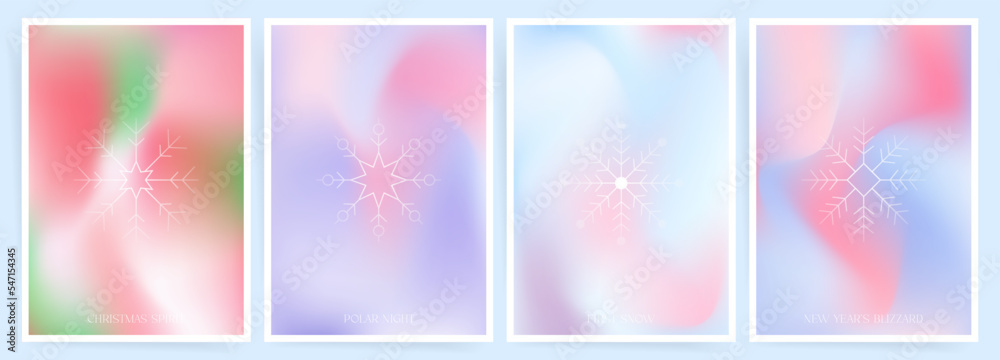 Cute gradient backgrounds with frame and snowflakes for Christmas and New Year holidays. Winter decorations set for posters, placard, postcard, cover, invitation and more. Modern vector pattern.