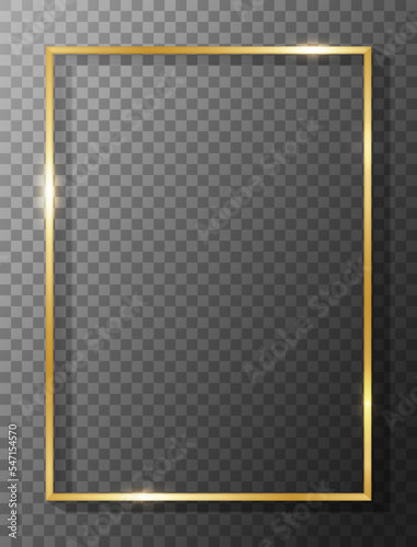 Border rectangle gold. Golden frame boarder. Gold vertical boarder. Shiny glowing realistic rectangle border isolated on background. Luxury golden frame. Design rectangular frame with shadow. Vector
