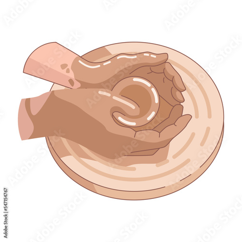 Pottery studio banner with hands making ceramic clay vase. Vector flat illustration. Working with clay on pottery wheel. Design for ceramic school and studio. Clay pots handicraft business
