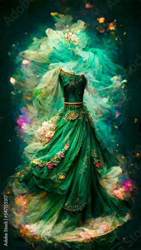 long green fantasy dress, generated image