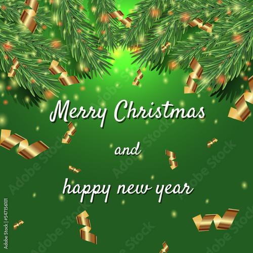 Christmas design with a fir branch.  Template for text, design element, copy space, postcard, social networks, cover, banner. New Year and Christmas.