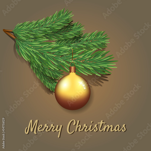 A golden Christmas ball is hanging on a green fir branch.  Template for text, design element, copy space, postcard, social networks, cover design . New Year and Christmas