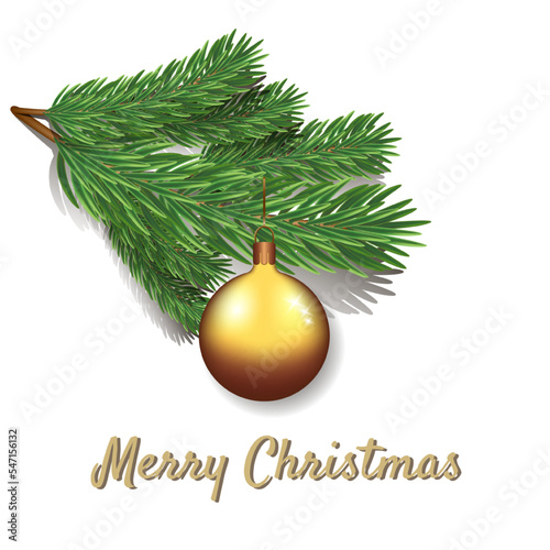 A golden Christmas ball is hanging on a green fir branch.  Template for text, design element, copy space, postcard, social networks, cover design . New Year and Christmas