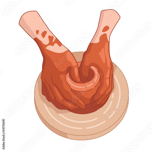 Masters hands work with red clay on potters wheel. Manufacturing process of ceramic products. Vector realistic illustration. Design for teaching ceramic school and studio. Making handmade ceramics