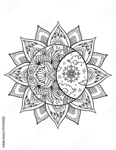 Moon mandala in zentangle style, celestial design illustration on transparent background, adults coloring book page