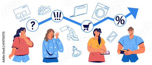 Consumer behavior research banner concept with buyers making purchase decision and having different purchasing preferences, flat vector illustration isolated on a white background.