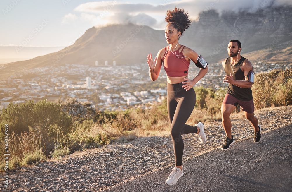 Fitness, exercise and running couple on mountain for cardio workout, training and energy, healthy lifestyle and strong body wellness. Sports, nature and runner man, woman and athletes action on hill - obrazy, fototapety, plakaty 