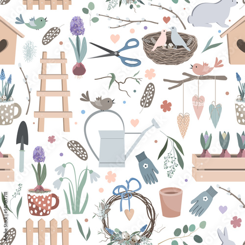 Gardening tools pattern, seamless Spring vector background. Cute hand drawn birds, nest, watering pot, seedling, gardening gloves and flowers.