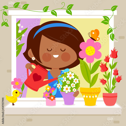 Happy woman in her home watering her houseplants. Vector illustration
