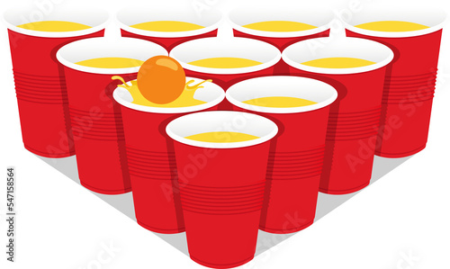 Red beer pong plastic cups and ball with splashing. Traditional party drinking game. 