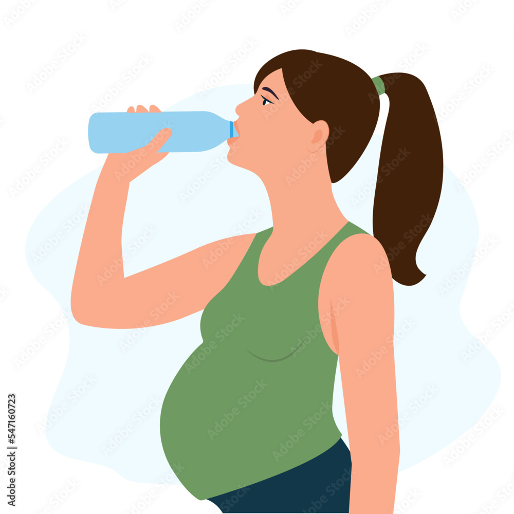 Pregnant woman drinks water from a plastic bottle. Fitness and health.Stay hydrated. Wellness concept. Vector illustration in flat style Pregnant woman drinks water from a plastic bottle. Fitness and health.Stay hydrated. Wellness concept. Vector illustration in flat style