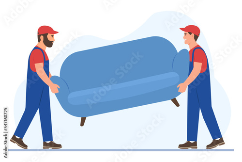  Workers Wearing Uniform Carry Furniture. Two porters carry couch isolated.Delivery and relocation service concept. Vector Illustration