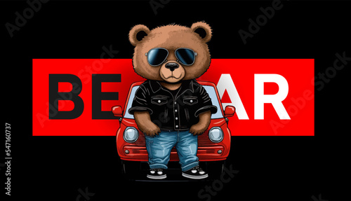 A bear stands in sunglasses, a black jacket and jeans against the background of a red car isolated on a white background. Vector illustration