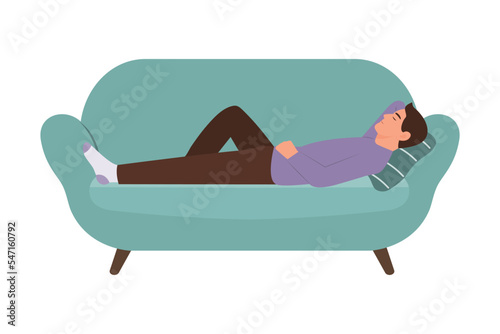 Young man sleeping on sofa.Weekend Recreation Concept.Vector illustration