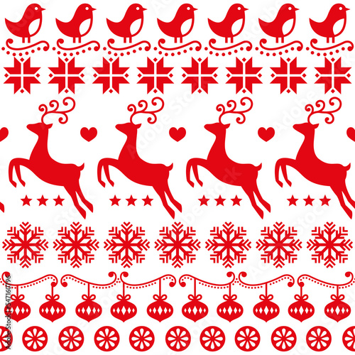 Christmas cute folk art vector seamless pattern with birds, reindeer and snowflakes, Scandinavian and Nordic inspired wallpaper, textile or fabric print design 
