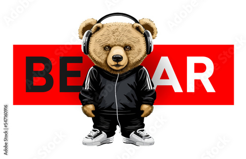 A bear in a tracksuit listens to music isolated on a white background. Vector illustration