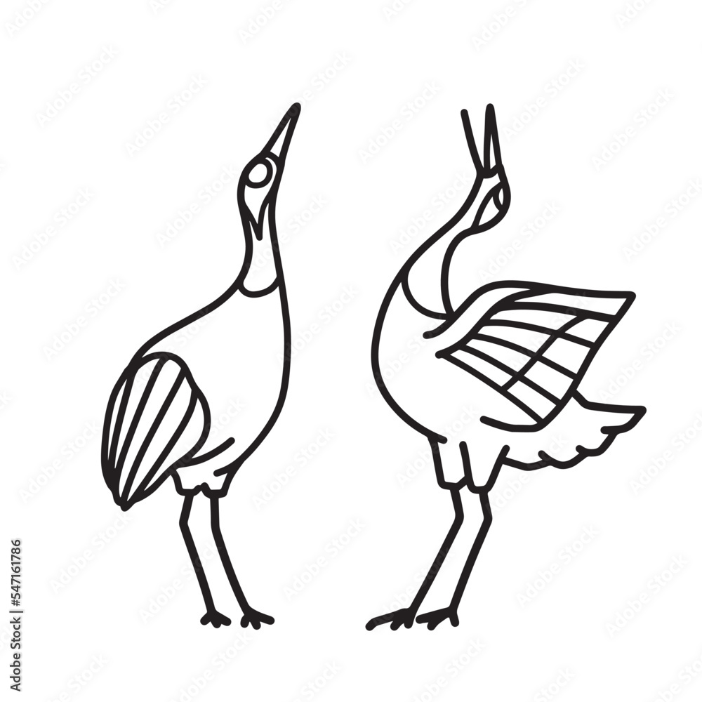 Naklejka premium 向かい合う2匹の鶴 線画シンプルイラスト
