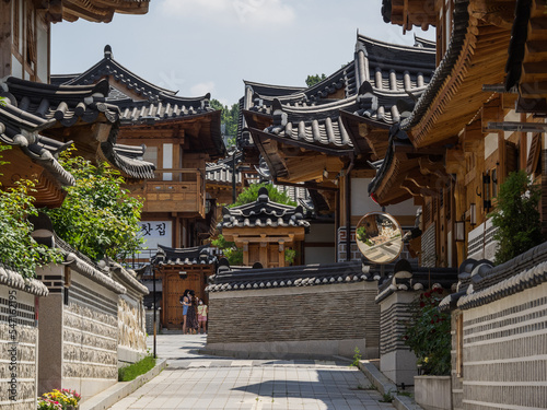 The street view of Eunpyeong Hanok Village with traditional Korean buildings in South Korea photo