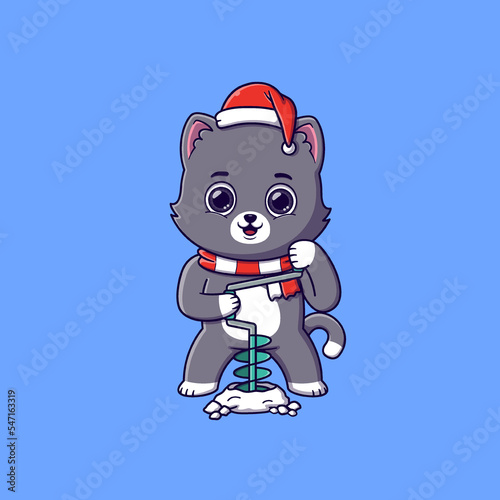 cute cat drilling a hole with ice auger on a frozen lake