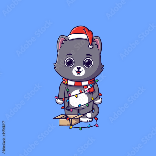 cute cat tangled in christmas lights
