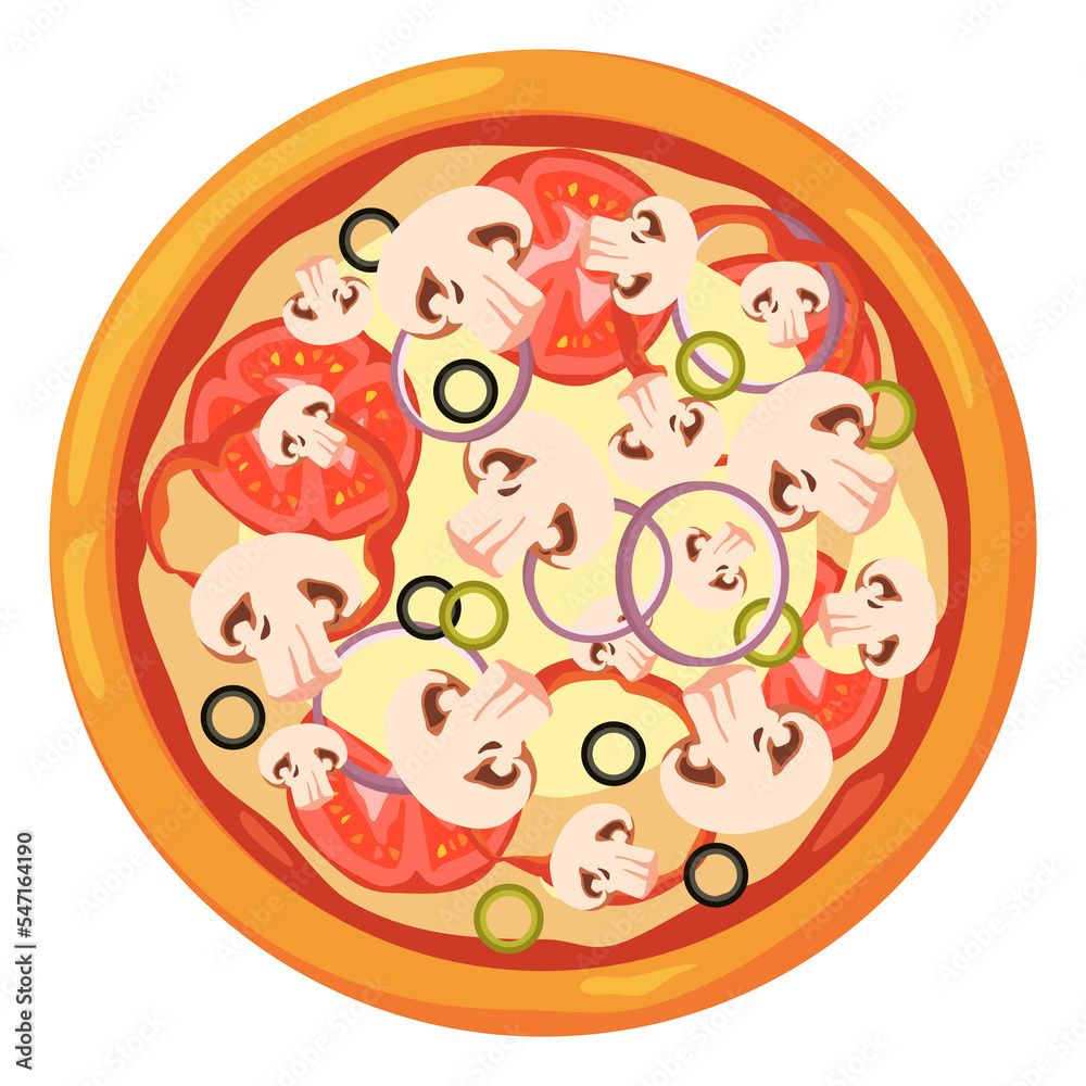 Traditional italian pizza pie with mushrooms. Cartoon icon