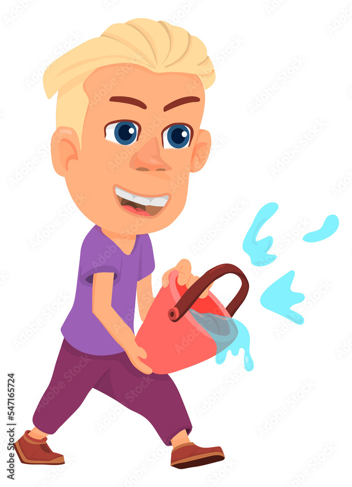 Boy splash out water from bucket. Funny cartoon kid Boy splash out water from bucket. Funny cartoon kid