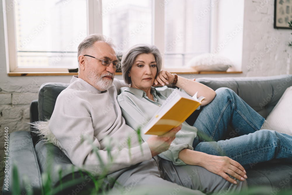 Senior man and woman reading book together in living room Senior man and woman reading book together in living room