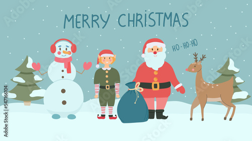 Christmas characters on a winter background. snowman, elf, Santa Claus and reindeer  © Viki Vector